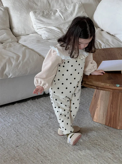 ノースリーブジャンプスーツ ベビージャンプスーツ 水玉ドットプリントパデッドサスペンダーサロペットパンツ【mh0008430】