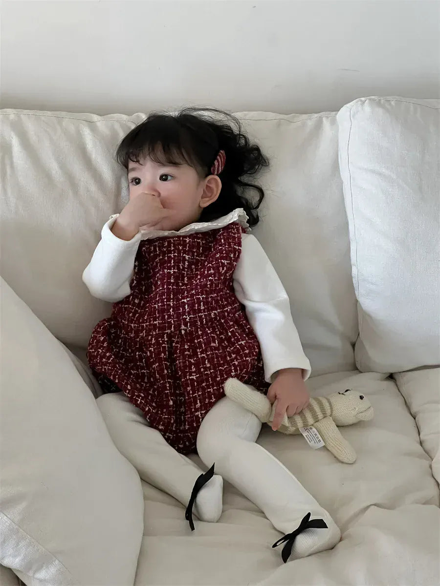 ノースリーブロンパース ベビーロンパース フェイクツイードチェックノースリーブボディスーツ【mh0008433】