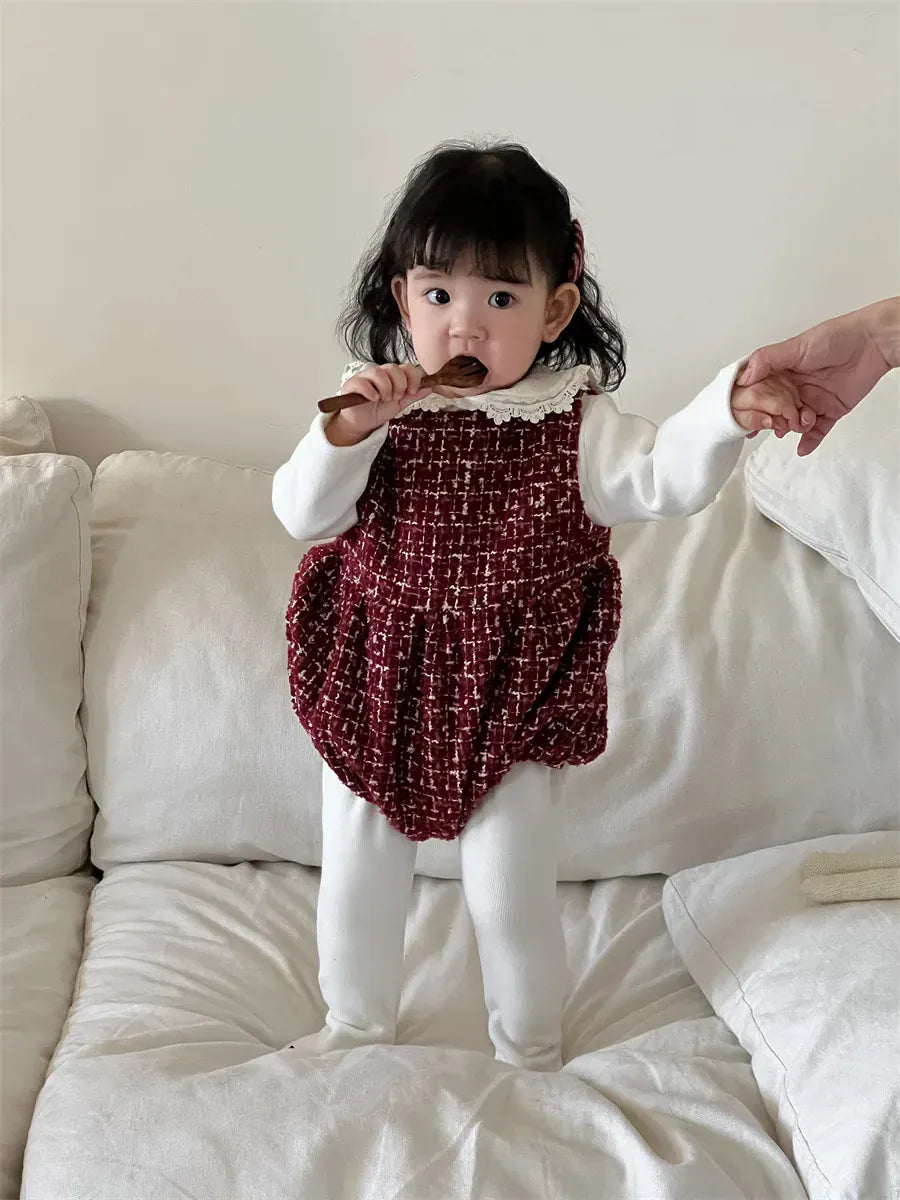 ノースリーブロンパース ベビーロンパース フェイクツイードチェックノースリーブボディスーツ【mh0008433】