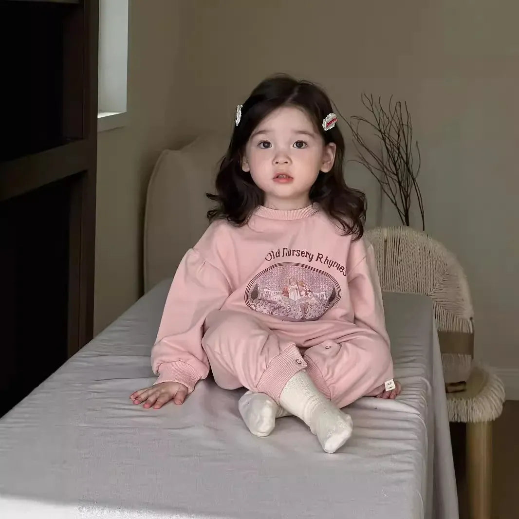 長袖ロンパース ベビーロンパース レトロガーリープリント長袖ジャンプスーツ【mh0008526】