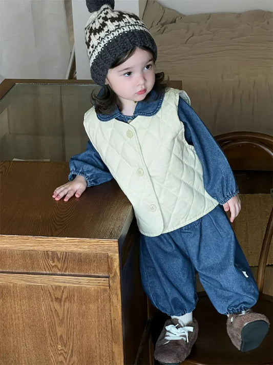 長袖セットアップ ベビーロンパース/ベスト デニム長袖ジャンプスーツ/キルティングベスト【mh0008716】