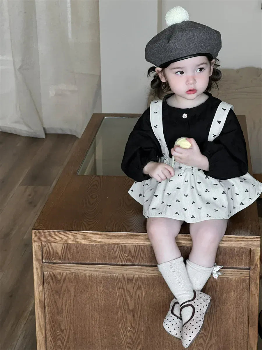 長袖セットアップ ベビートップス/パンツ プリント長袖パフスリーブブラウス/サスペンダーフリルスカートブルマパンツ【mh0008721】