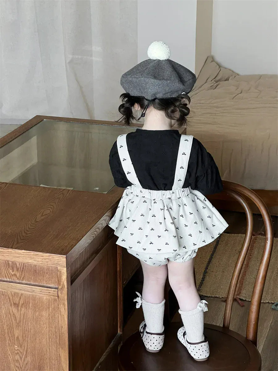 長袖セットアップ ベビートップス/パンツ プリント長袖パフスリーブブラウス/サスペンダーフリルスカートブルマパンツ【mh0008721】