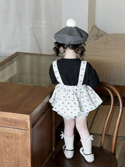 長袖セットアップ ベビートップス/パンツ プリント長袖パフスリーブブラウス/サスペンダーフリルスカートブルマパンツ【mh0008721】