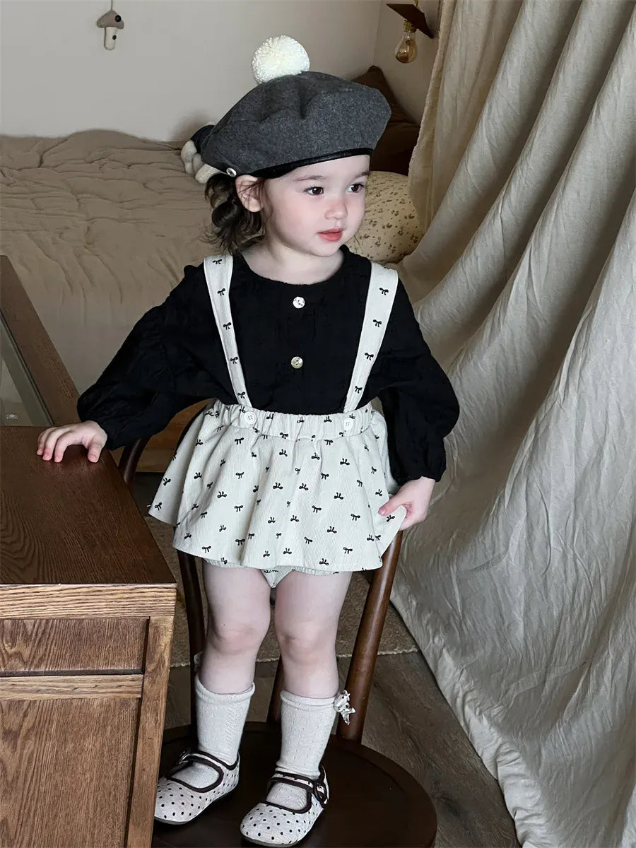 長袖セットアップ ベビートップス/パンツ プリント長袖パフスリーブブラウス/サスペンダーフリルスカートブルマパンツ【mh0008721】