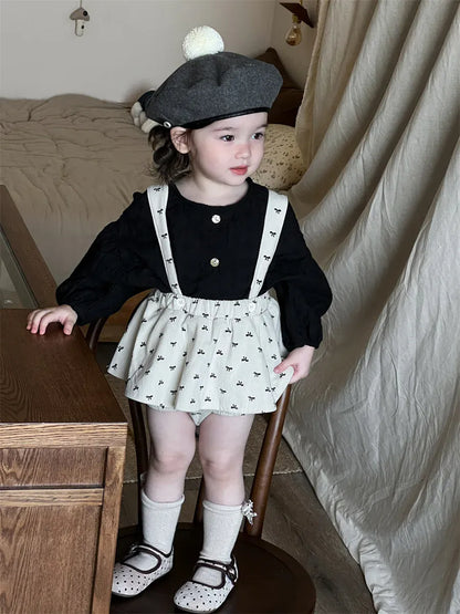 長袖セットアップ ベビートップス/パンツ プリント長袖パフスリーブブラウス/サスペンダーフリルスカートブルマパンツ【mh0008721】