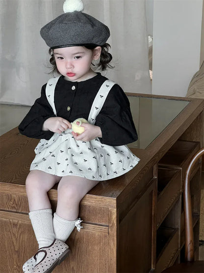 長袖セットアップ ベビートップス/パンツ プリント長袖パフスリーブブラウス/サスペンダーフリルスカートブルマパンツ【mh0008721】