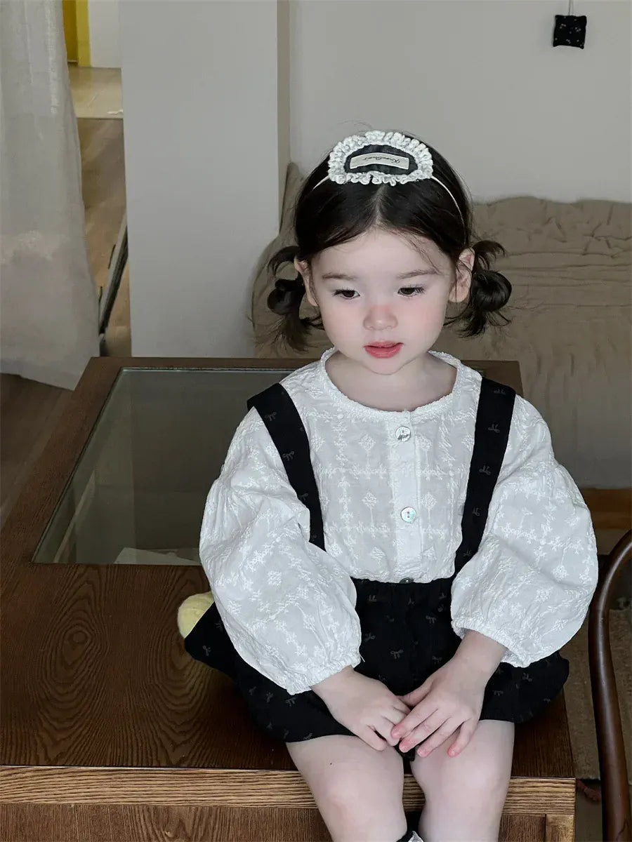 長袖セットアップ ベビートップス/パンツ プリント長袖パフスリーブブラウス/サスペンダーフリルスカートブルマパンツ【mh0008721】