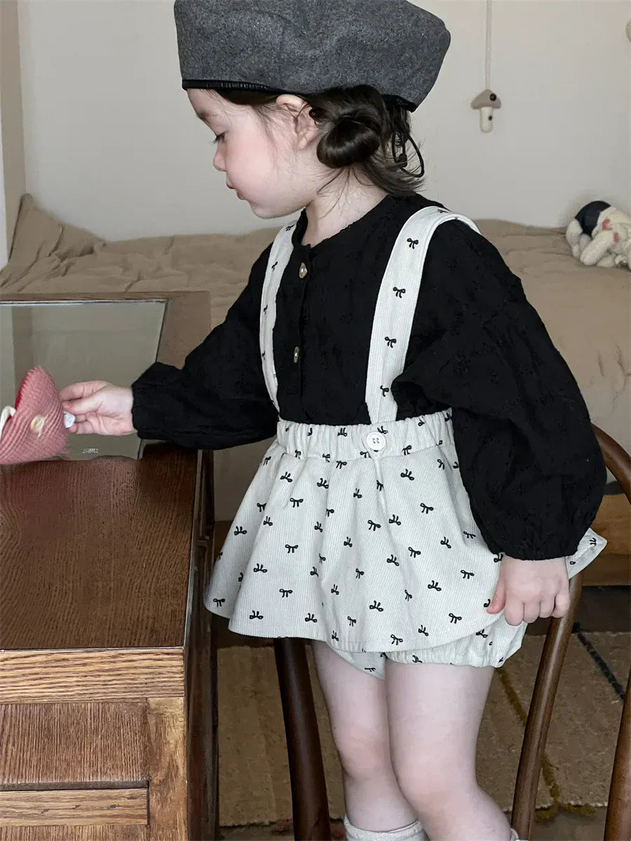 長袖セットアップ ベビートップス/パンツ プリント長袖パフスリーブブラウス/サスペンダーフリルスカートブルマパンツ【mh0008721】