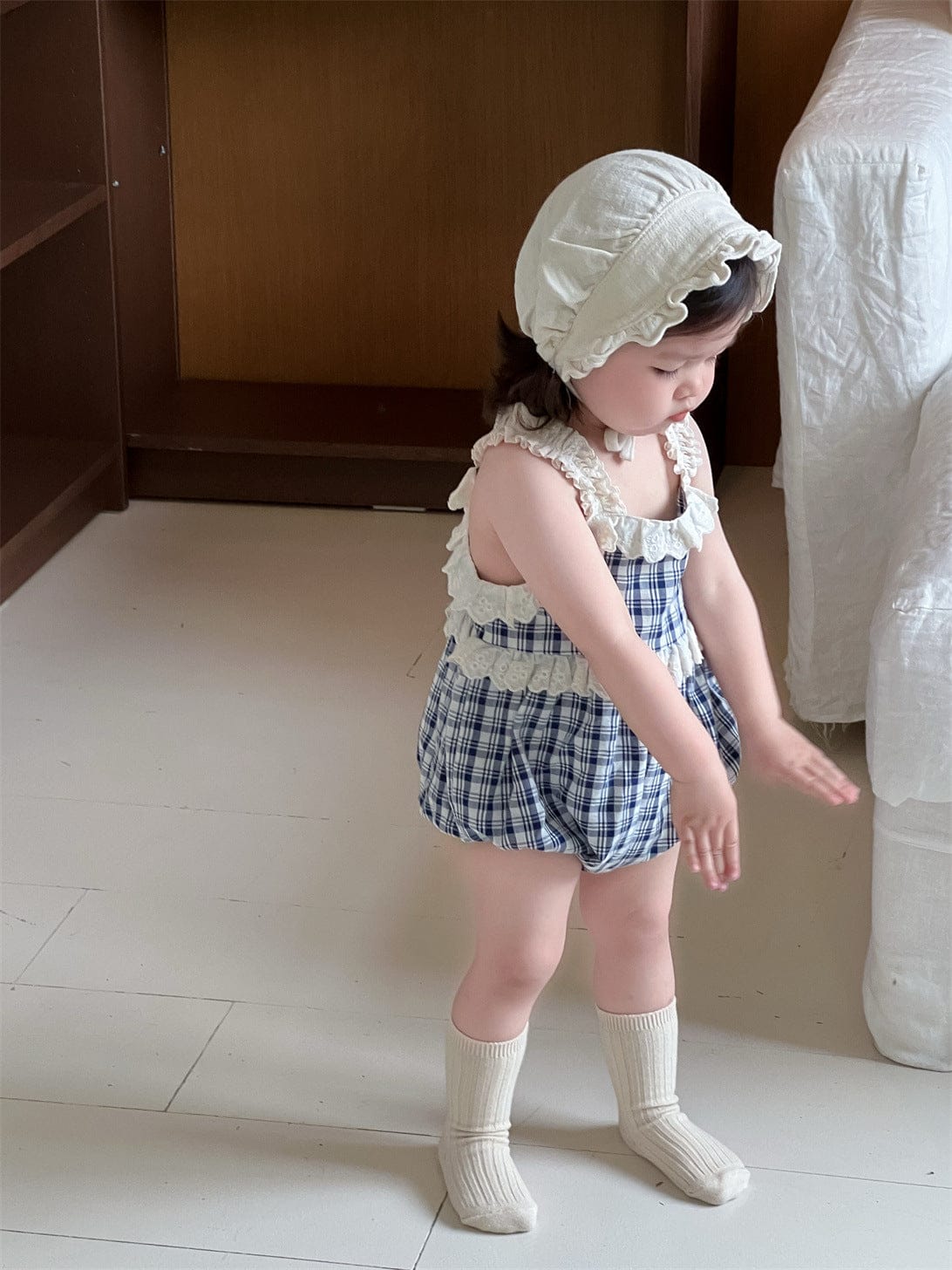 ノースリーブロンパース チェック/ストライプフリルキャミソールバルーンロンパース【mh0009895】