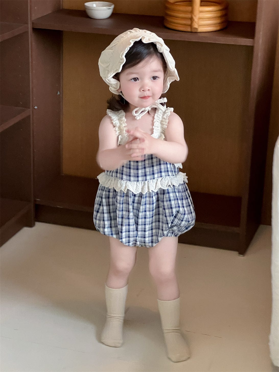 ノースリーブロンパース チェック/ストライプフリルキャミソールバルーンロンパース【mh0009895】