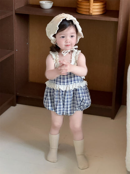 ノースリーブロンパース チェック/ストライプフリルキャミソールバルーンロンパース【mh0009895】