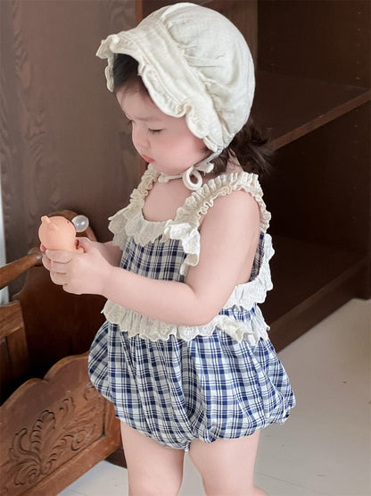 ノースリーブロンパース チェック/ストライプフリルキャミソールバルーンロンパース【mh0009895】