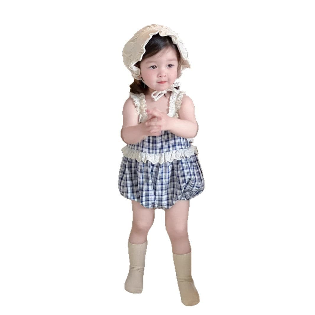 ノースリーブロンパース チェック/ストライプフリルキャミソールバルーンロンパース【mh0009895】