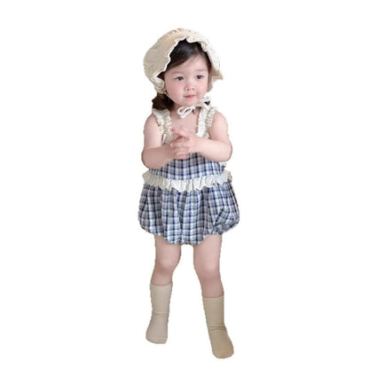 ノースリーブロンパース チェック/ストライプフリルキャミソールバルーンロンパース【mh0009895】