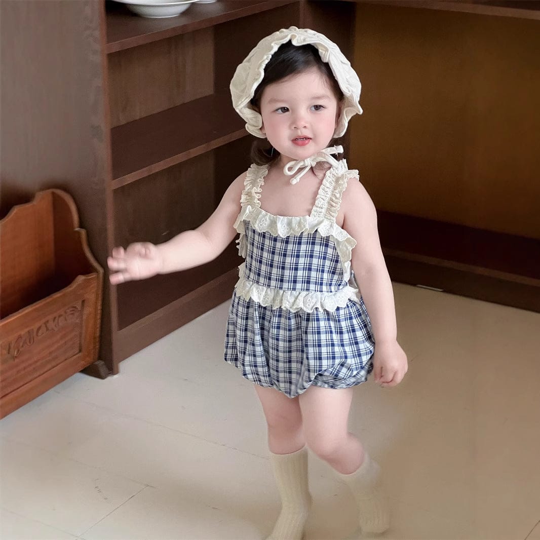 ノースリーブロンパース チェック/ストライプフリルキャミソールバルーンロンパース【mh0009895】