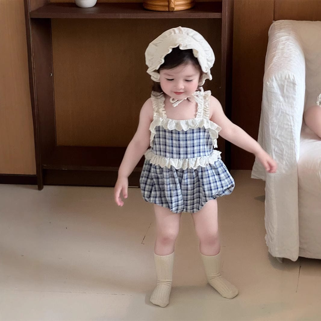 ノースリーブロンパース チェック/ストライプフリルキャミソールバルーンロンパース【mh0009895】