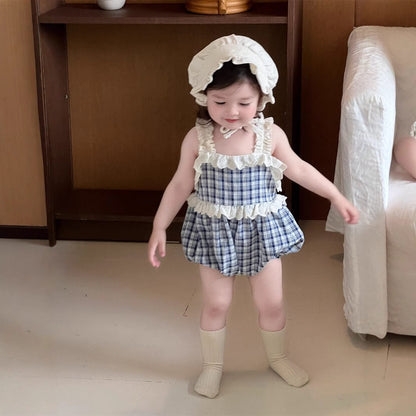 ノースリーブロンパース チェック/ストライプフリルキャミソールバルーンロンパース【mh0009895】