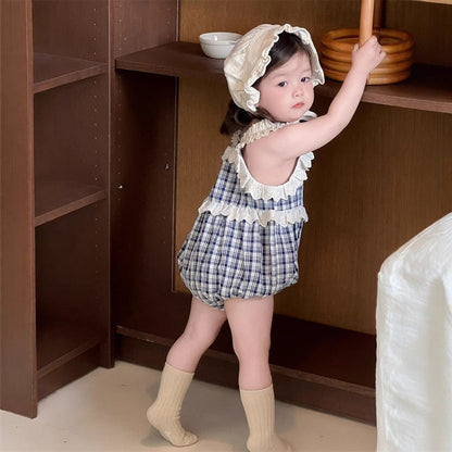 ノースリーブロンパース チェック/ストライプフリルキャミソールバルーンロンパース【mh0009895】