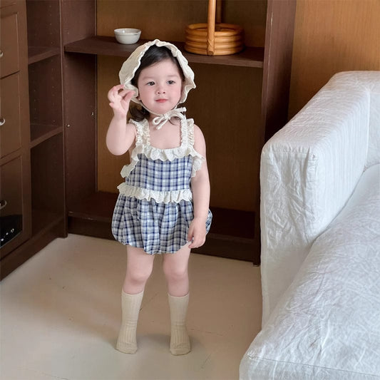 ノースリーブロンパース チェック/ストライプフリルキャミソールバルーンロンパース【mh0009895】