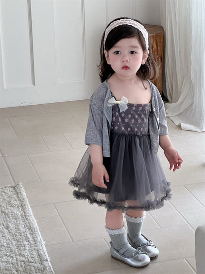 ノースリーブワンピース ショートスリーブボレロカーディガン/フラワープリントキャミソールチュールスカートワンピース【mh0009899】