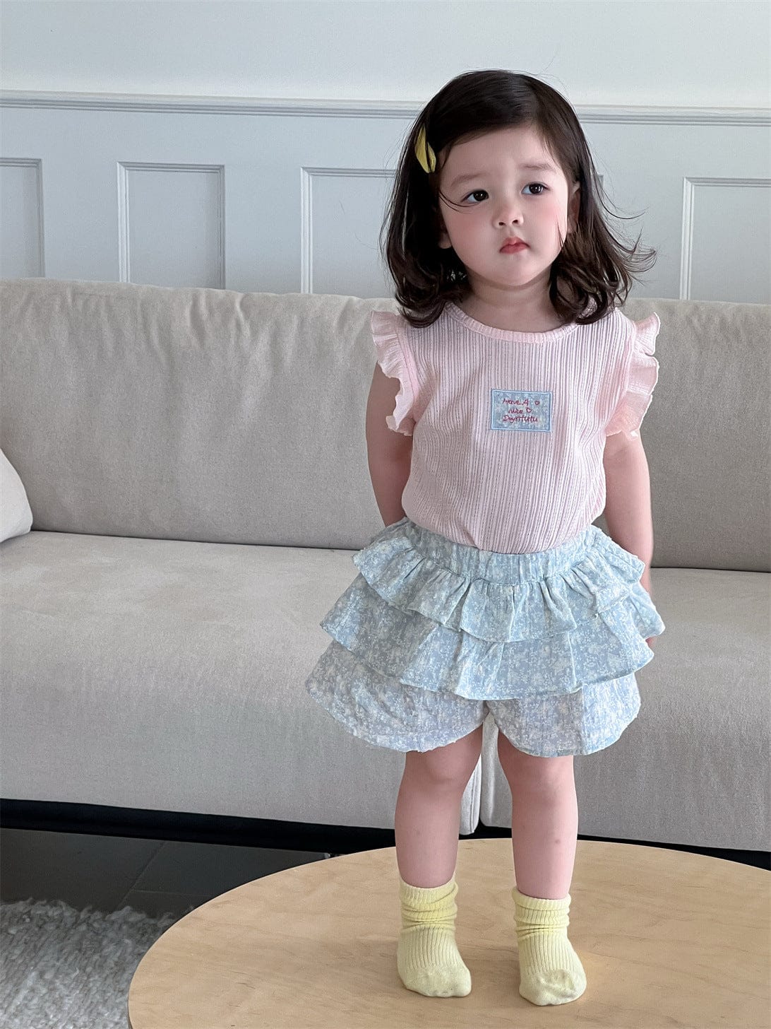 半袖セットアップ フリルスリーブトップス/フリルショートパンツ【mh0009904】