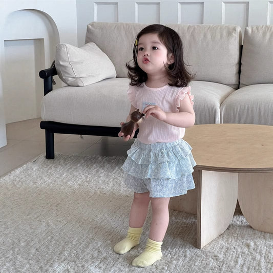 半袖セットアップ フリルスリーブトップス/フリルショートパンツ【mh0009904】