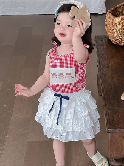 ノースリーブセットアップ チェックキャミソールトップス/レースフリルスカート【mh0009906】