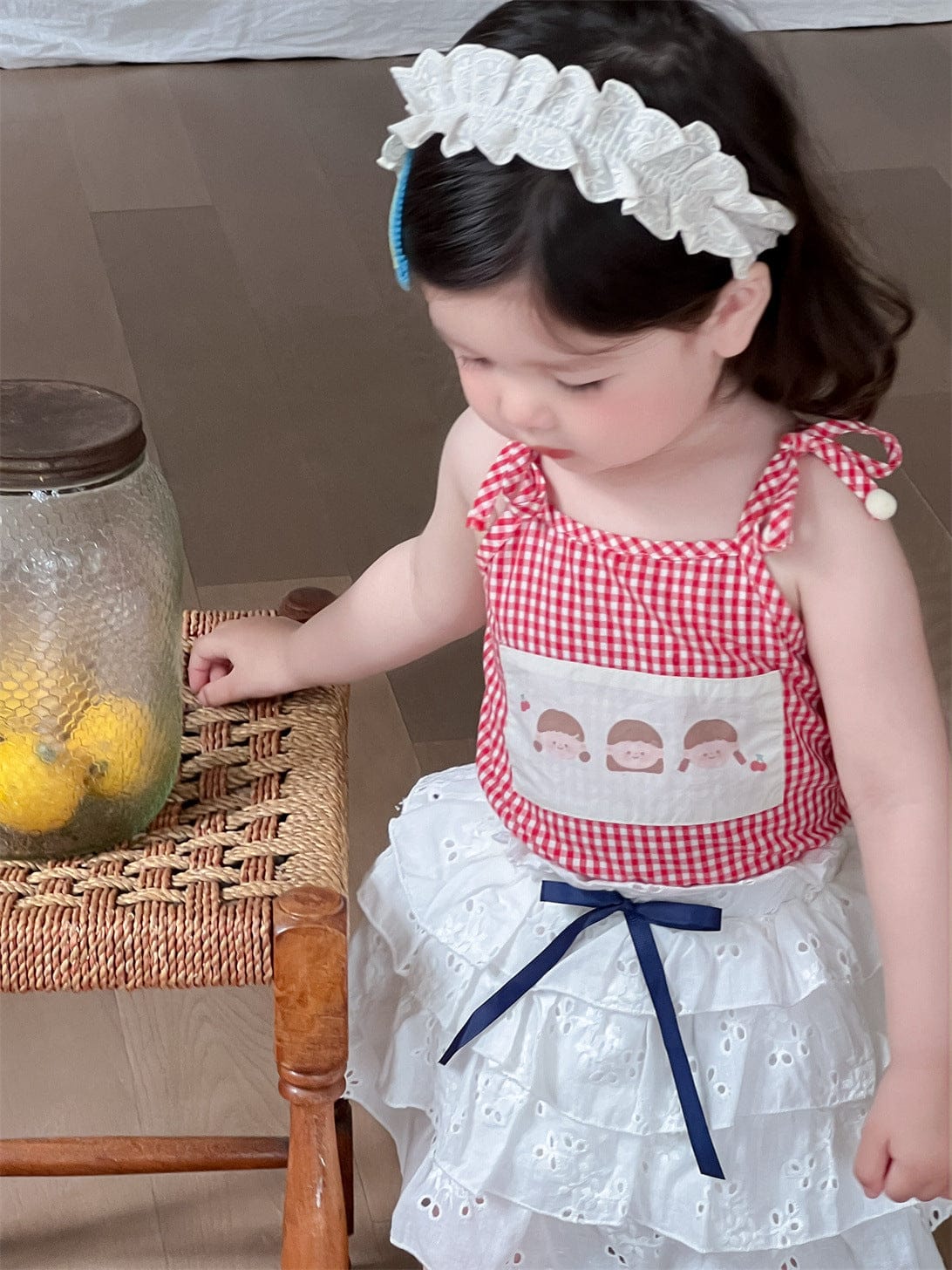 ノースリーブセットアップ チェックキャミソールトップス/レースフリルスカート【mh0009906】