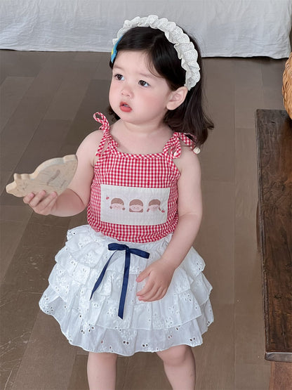 ノースリーブセットアップ チェックキャミソールトップス/レースフリルスカート【mh0009906】