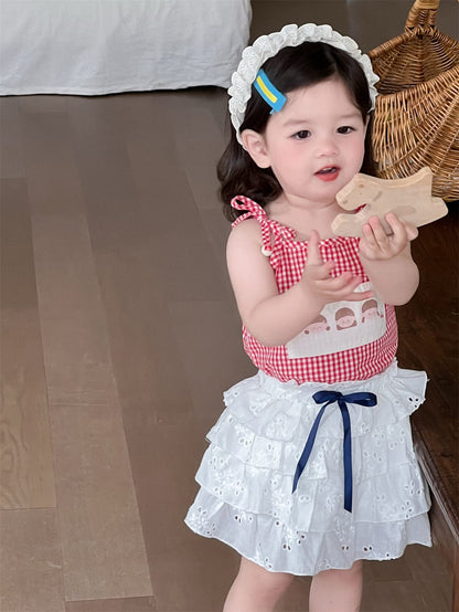 ノースリーブセットアップ チェックキャミソールトップス/レースフリルスカート【mh0009906】