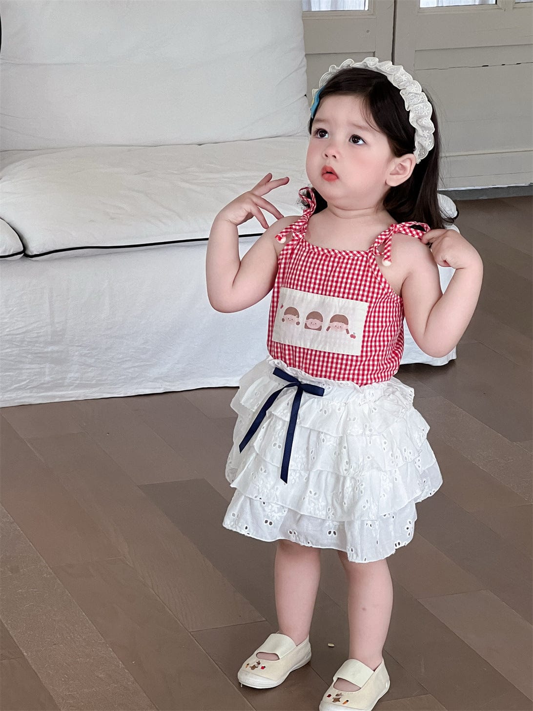 ノースリーブセットアップ チェックキャミソールトップス/レースフリルスカート【mh0009906】