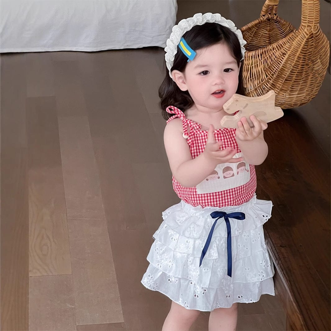 ノースリーブセットアップ チェックキャミソールトップス/レースフリルスカート【mh0009906】