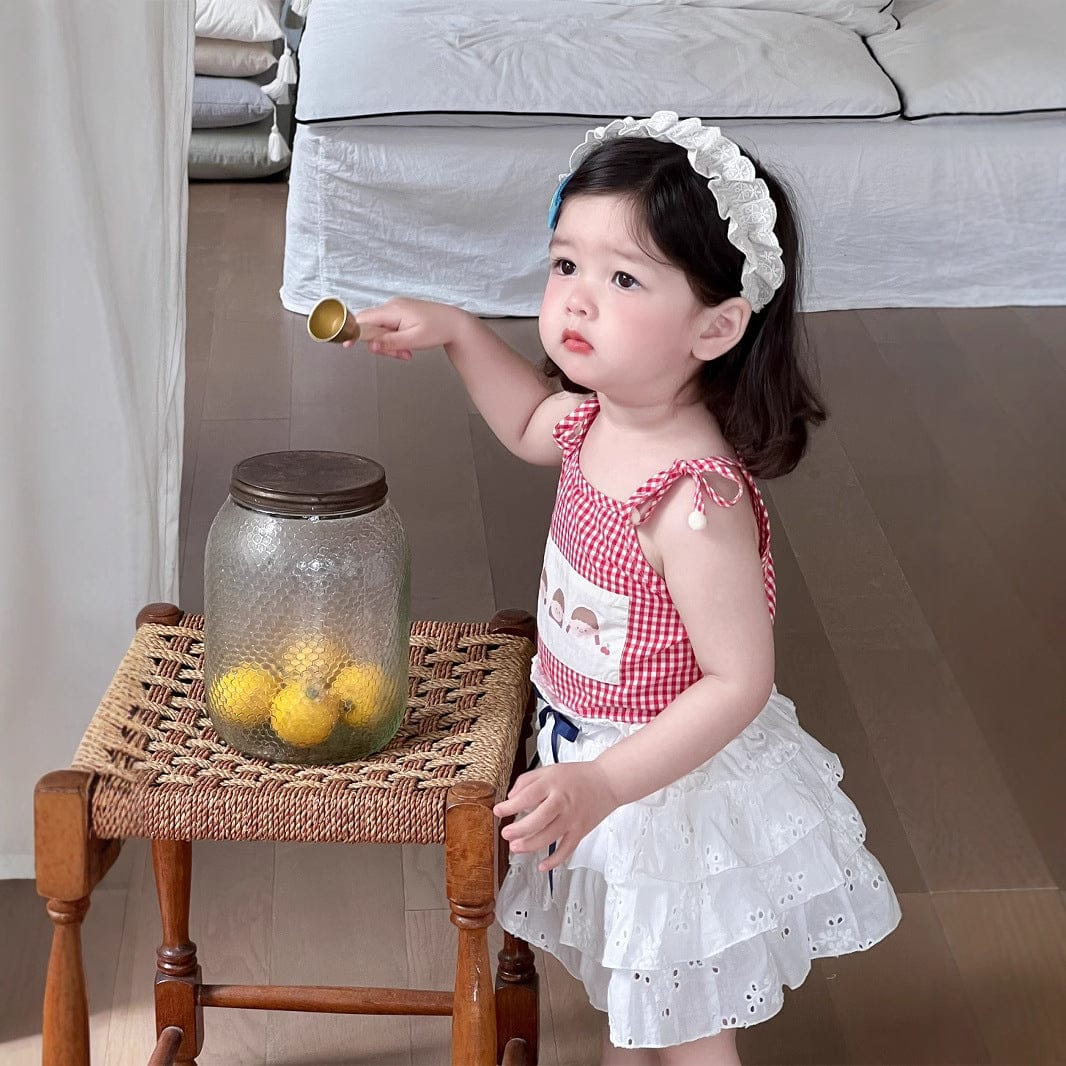 ノースリーブセットアップ チェックキャミソールトップス/レースフリルスカート【mh0009906】