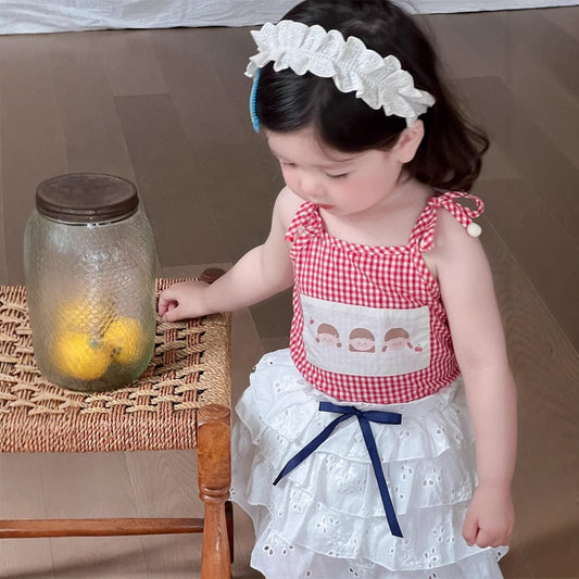 ノースリーブセットアップ チェックキャミソールトップス/レースフリルスカート【mh0009906】