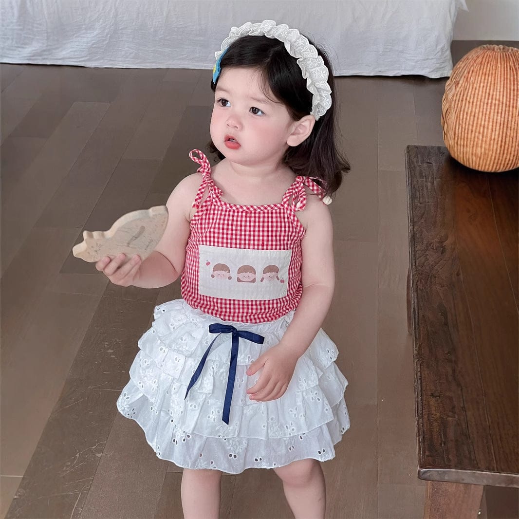 ノースリーブセットアップ チェックキャミソールトップス/レースフリルスカート【mh0009906】