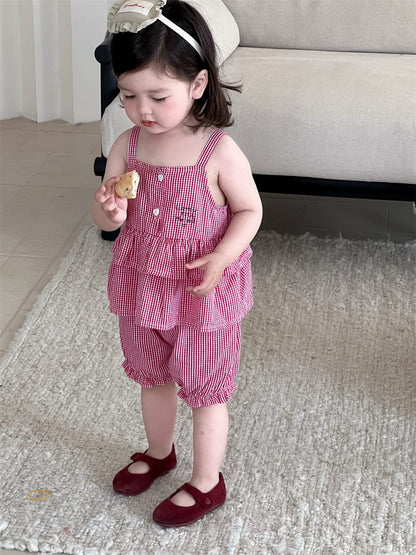 ノースリーブセットアップ チェックキャミソールチュニック+バルーンショートパンツ【mh0009911】