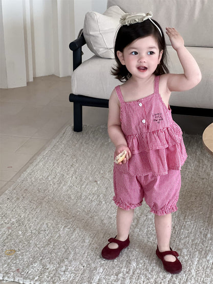 ノースリーブセットアップ チェックキャミソールチュニック+バルーンショートパンツ【mh0009911】