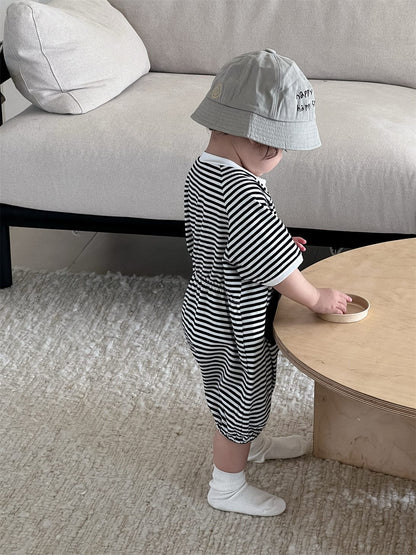 半袖ジャンプスーツ ビッグポケットボーダー半袖ジャンプスーツ【mh0009915】