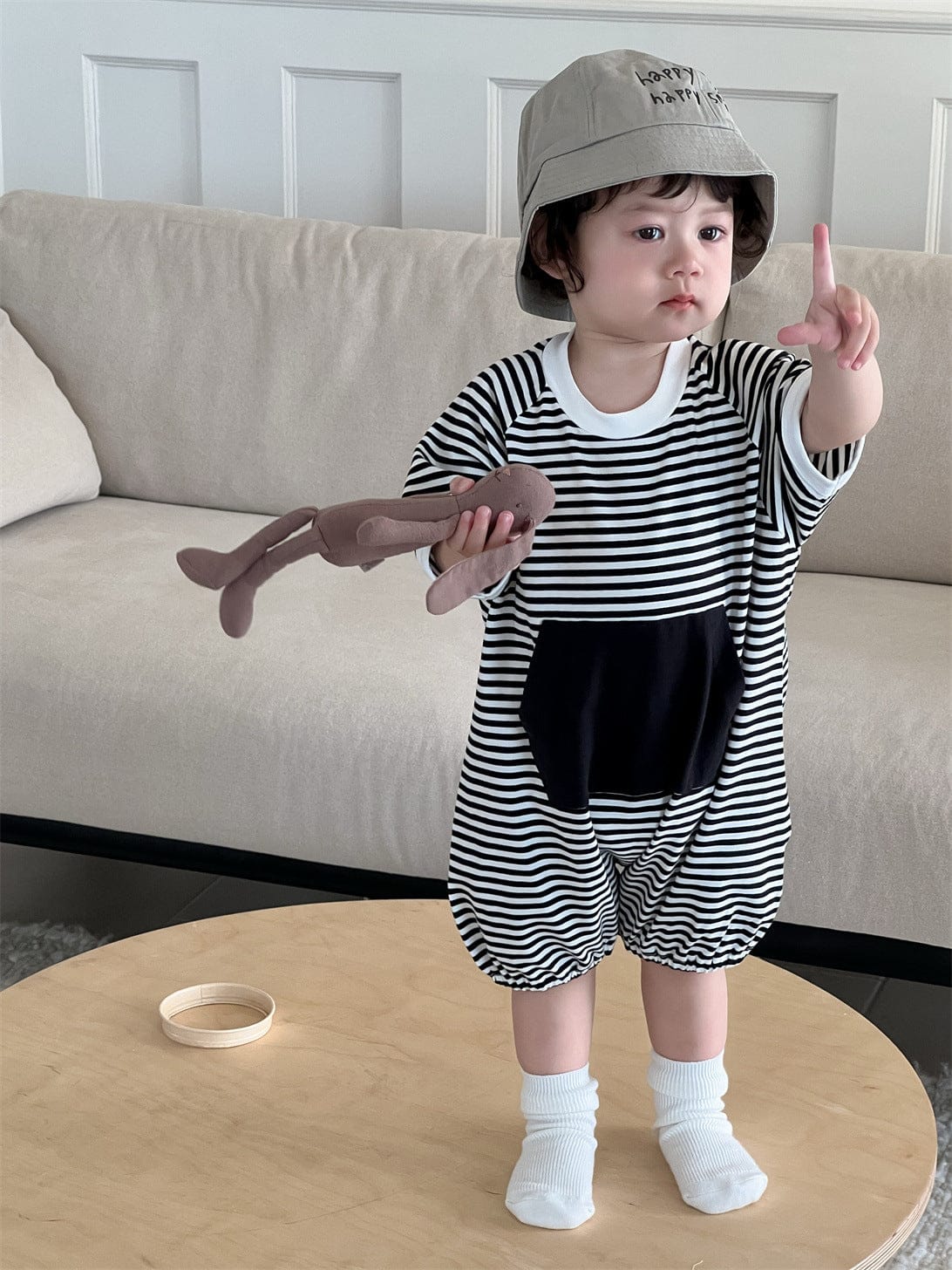 半袖ジャンプスーツ ビッグポケットボーダー半袖ジャンプスーツ【mh0009915】