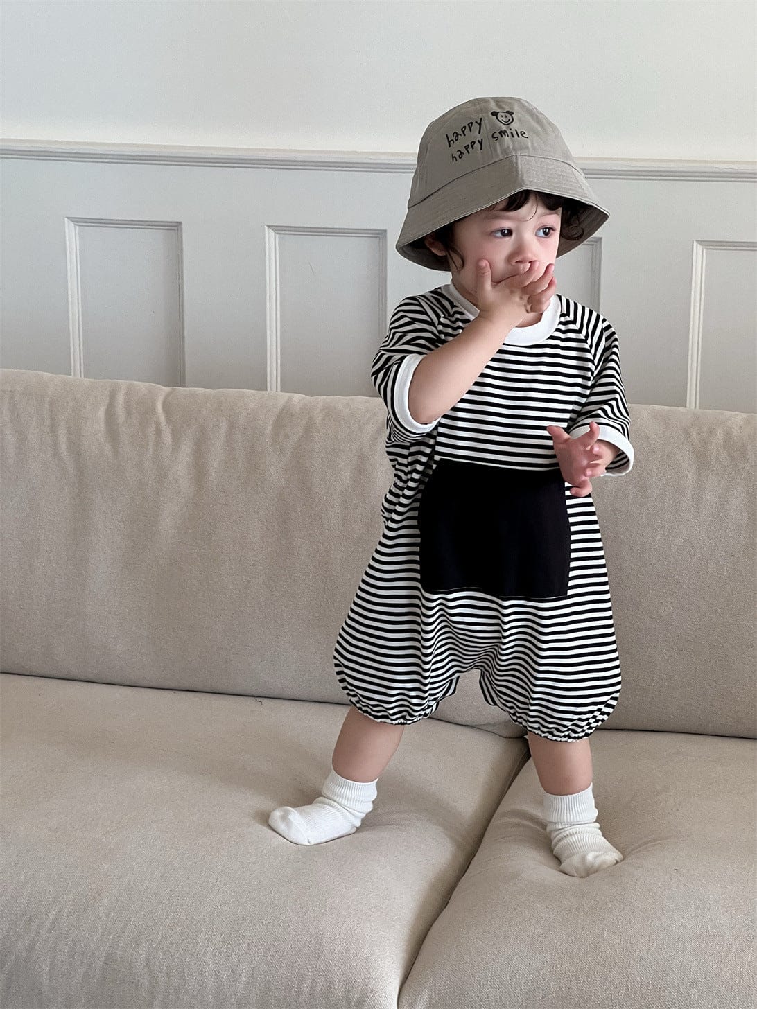 半袖ジャンプスーツ ビッグポケットボーダー半袖ジャンプスーツ【mh0009915】