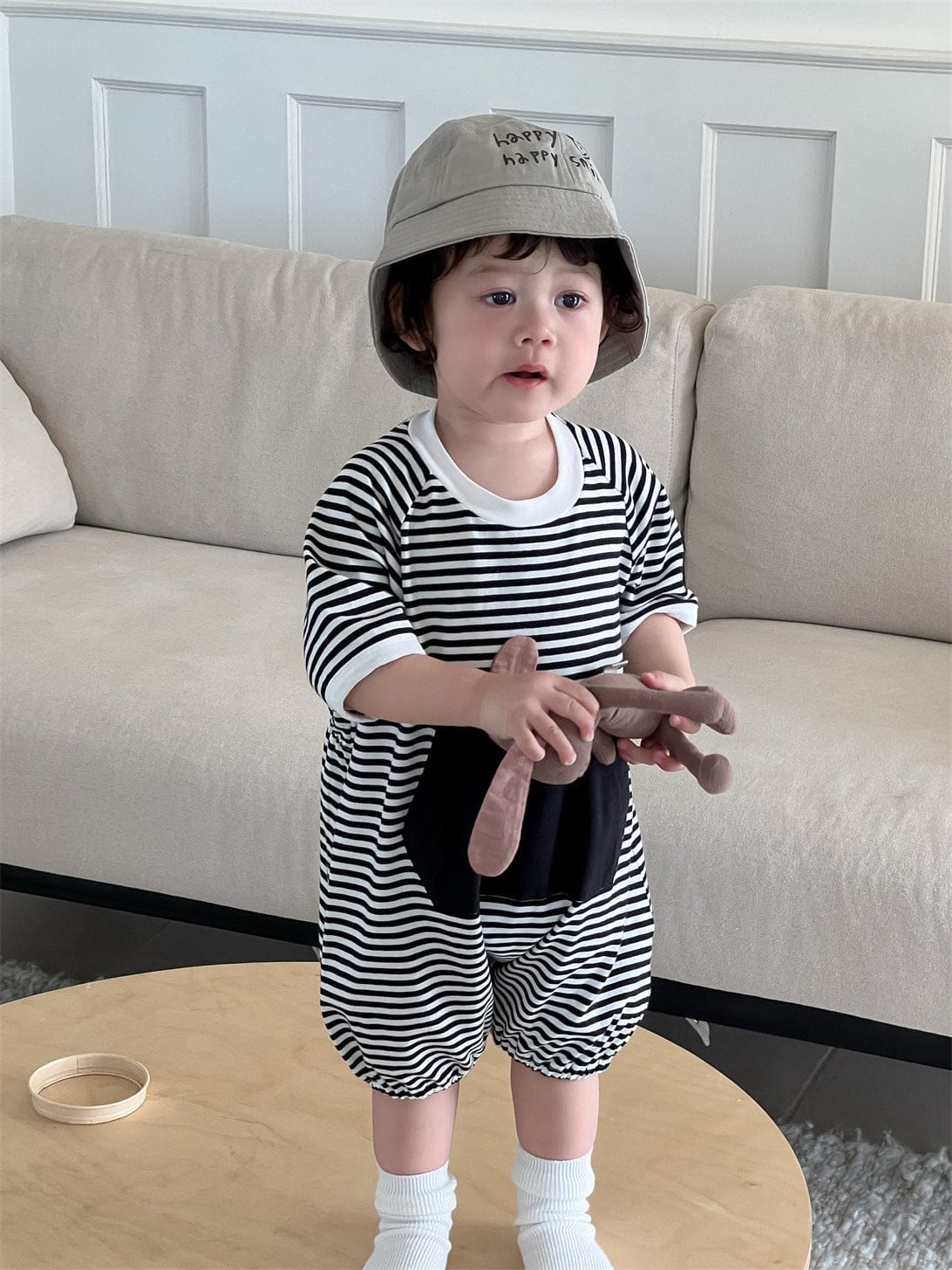 半袖ジャンプスーツ ビッグポケットボーダー半袖ジャンプスーツ【mh0009915】