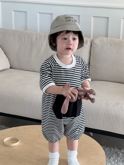 半袖ジャンプスーツ ビッグポケットボーダー半袖ジャンプスーツ【mh0009915】