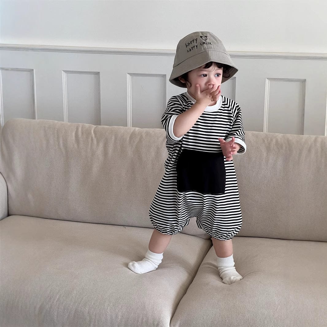 半袖ジャンプスーツ ビッグポケットボーダー半袖ジャンプスーツ【mh0009915】