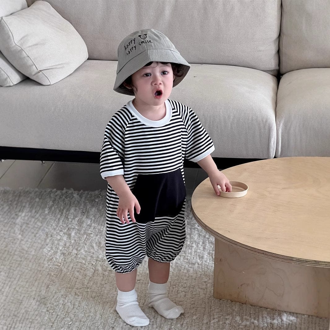 半袖ジャンプスーツ ビッグポケットボーダー半袖ジャンプスーツ【mh0009915】