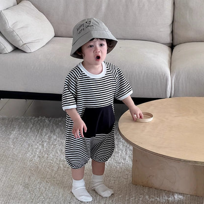 半袖ジャンプスーツ ビッグポケットボーダー半袖ジャンプスーツ【mh0009915】