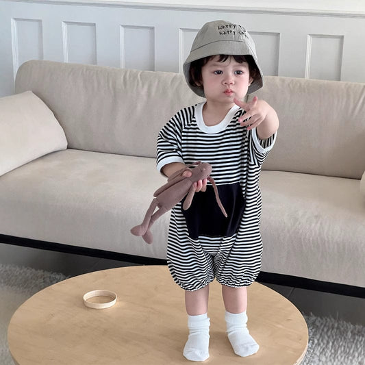 半袖ジャンプスーツ ビッグポケットボーダー半袖ジャンプスーツ【mh0009915】