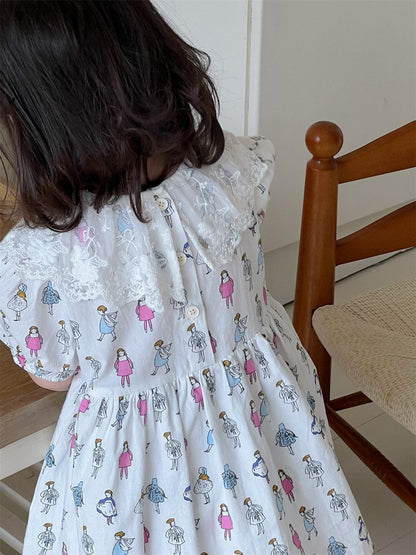 半袖ワンピース レースラッフル襟プリント半袖ガーリーワンピース【mh0009917】