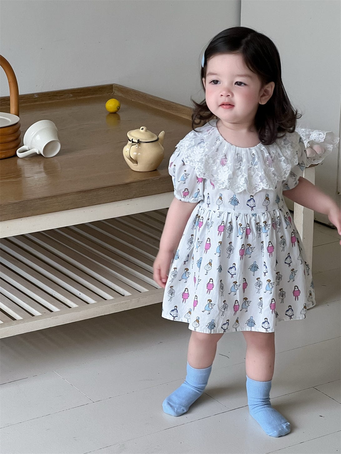 半袖ワンピース レースラッフル襟プリント半袖ガーリーワンピース【mh0009917】