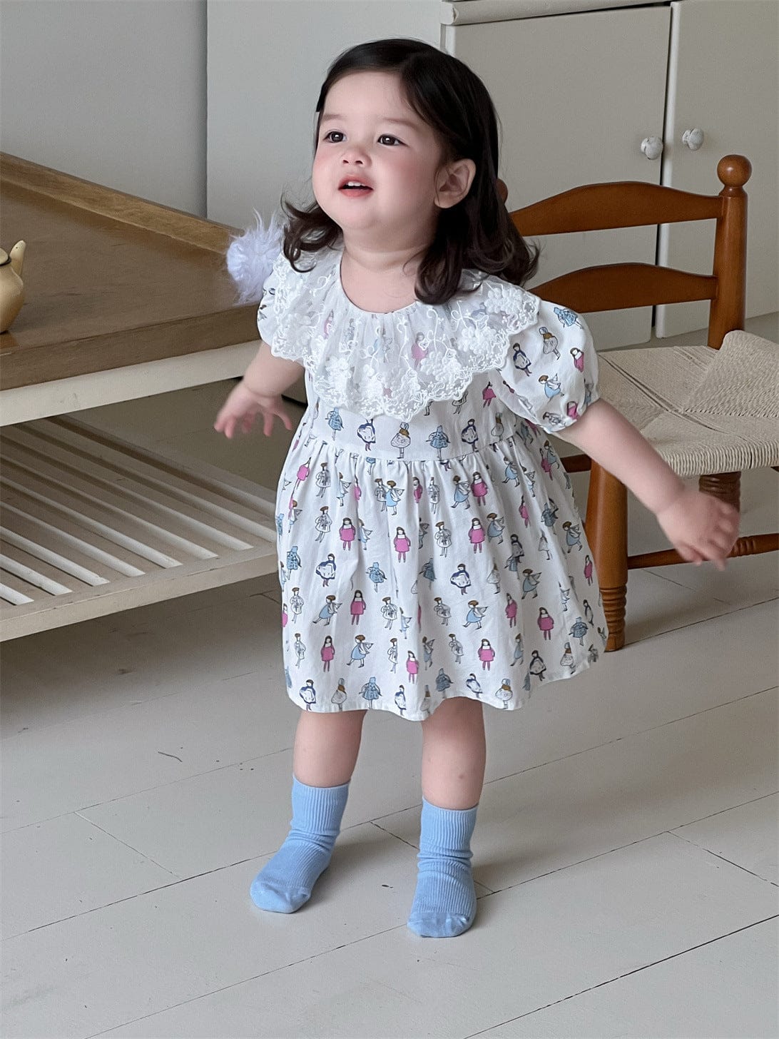 半袖ワンピース レースラッフル襟プリント半袖ガーリーワンピース【mh0009917】